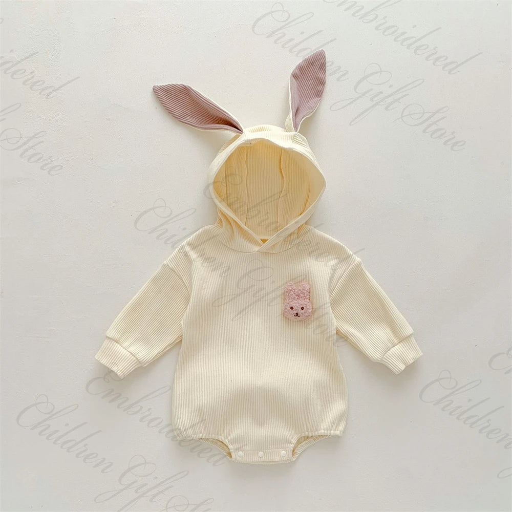 0-2 Year Old Cute Rabbit Baby Jumpsuit Personalized Name Long Sleeve Baby Autumn Hooded Romper Baby Shower Gift Suit with Names