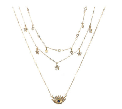 Fashion water drop five-pointed star diamond personality eyelash blue diamond multi-layer necklace necklace