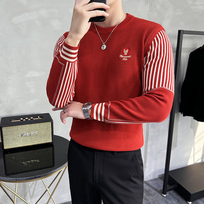 Fall Winter Men Color Contrast Patchwork Round Neck Sweater