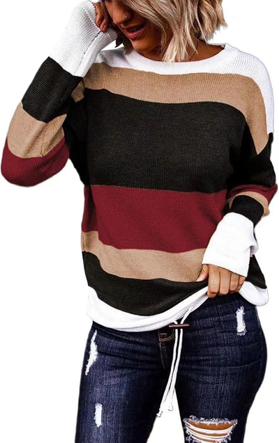 Women's Knitted Long-sleeved Striped Color Matching T-shirt