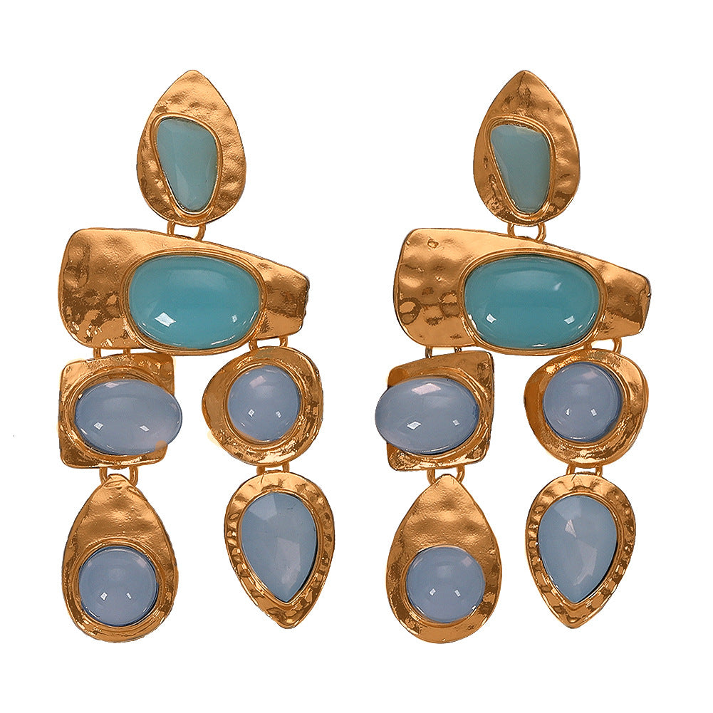 Amazon Cross-border Hot-selling Alloy Gemstone Series Irregular Earrings European And American Exaggerated Gemstones All-match Female Earrings