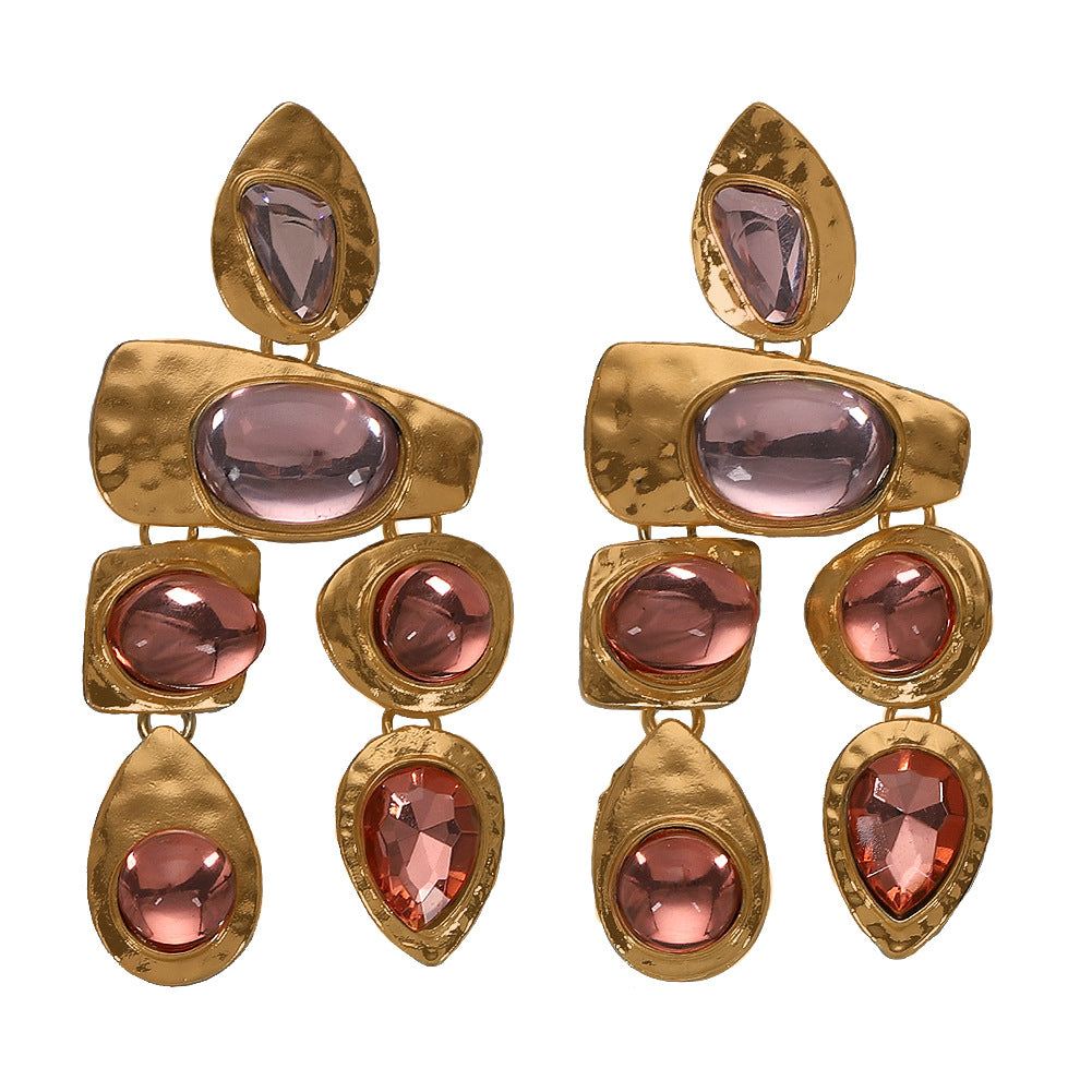 Amazon Cross-border Hot-selling Alloy Gemstone Series Irregular Earrings European And American Exaggerated Gemstones All-match Female Earrings