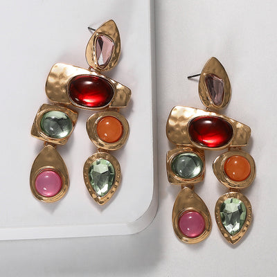 Amazon Cross-border Hot-selling Alloy Gemstone Series Irregular Earrings European And American Exaggerated Gemstones All-match Female Earrings