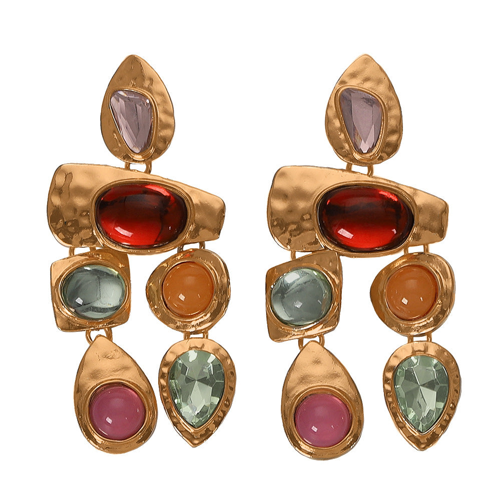 Amazon Cross-border Hot-selling Alloy Gemstone Series Irregular Earrings European And American Exaggerated Gemstones All-match Female Earrings