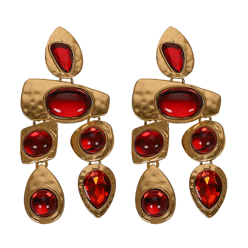 Amazon Cross-border Hot-selling Alloy Gemstone Series Irregular Earrings European And American Exaggerated Gemstones All-match Female Earrings