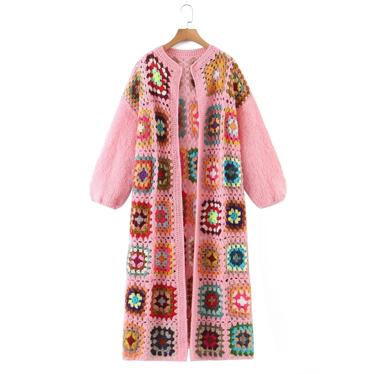 Women's Color Plaid Round Neck Long Sweater Coat