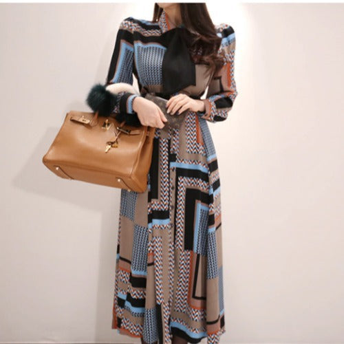 Elegant Butterfly Tie Tight Waist Large Swing Printed Long Dress Fashionable Single-breasted Korean Style Dress For Women