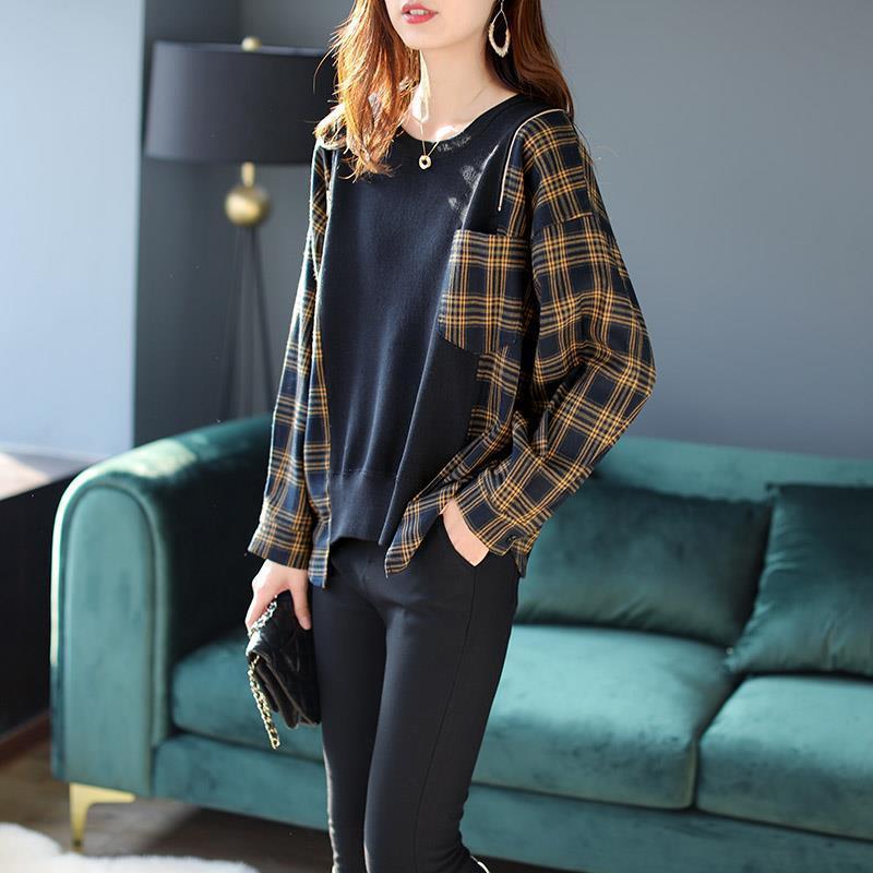 Plaid Stitching Knitwear Fashion Temperament Women