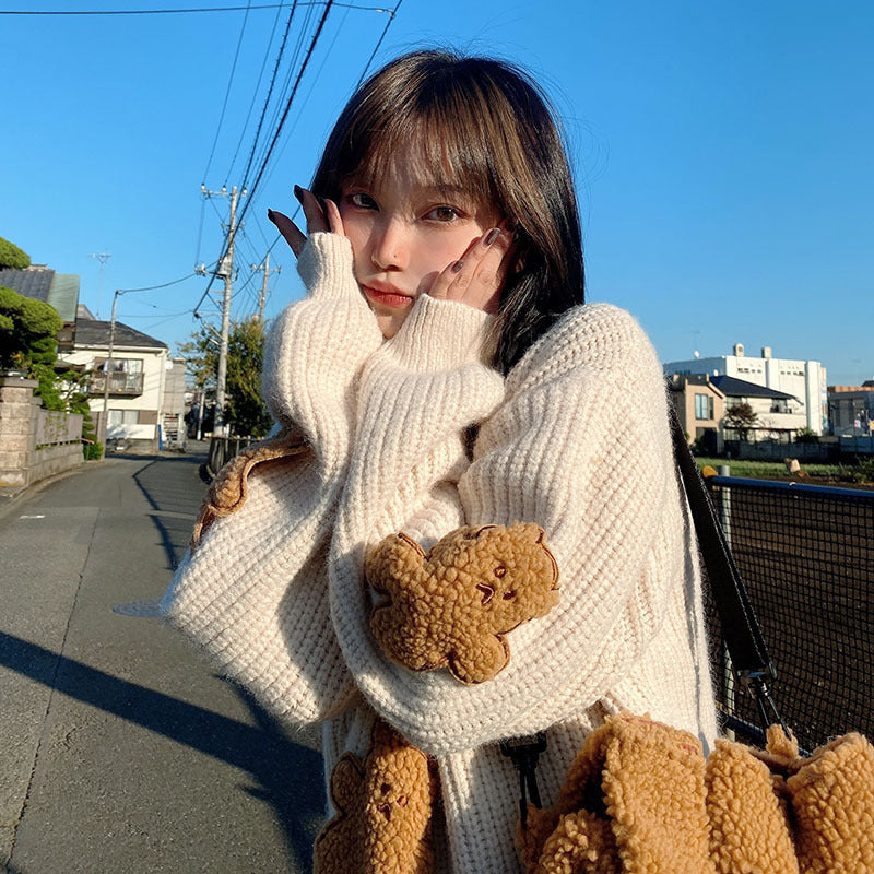 Sweater Women&#039;s Autumn Clothes 2022 New Cartoon Bear Korean Version Lazy Wind Loose Age-reducing Sweet Knitted Sweater Top Women