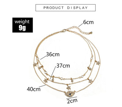 Fashion water drop five-pointed star diamond personality eyelash blue diamond multi-layer necklace necklace