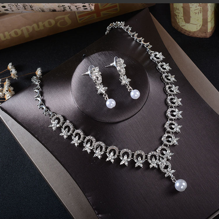 TL211 Bridal Jewelry Earrings Necklace Two-piece Korean Rhinestone Pearl Set Wedding Crown Headdress Accessories