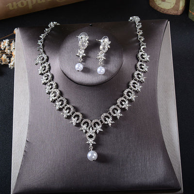 TL211 Bridal Jewelry Earrings Necklace Two-piece Korean Rhinestone Pearl Set Wedding Crown Headdress Accessories