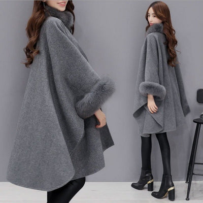 Winter New Korean Version Fox Fur Collar Mid-length Woolen Coat Temperament Cape Shawl Coat Women