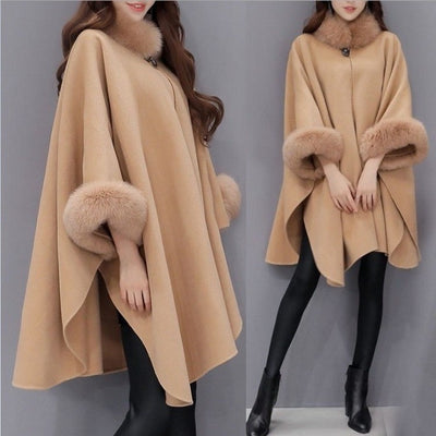 Winter New Korean Version Fox Fur Collar Mid-length Woolen Coat Temperament Cape Shawl Coat Women