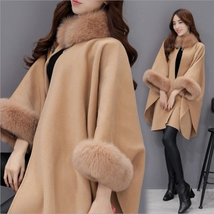 Winter New Korean Version Fox Fur Collar Mid-length Woolen Coat Temperament Cape Shawl Coat Women