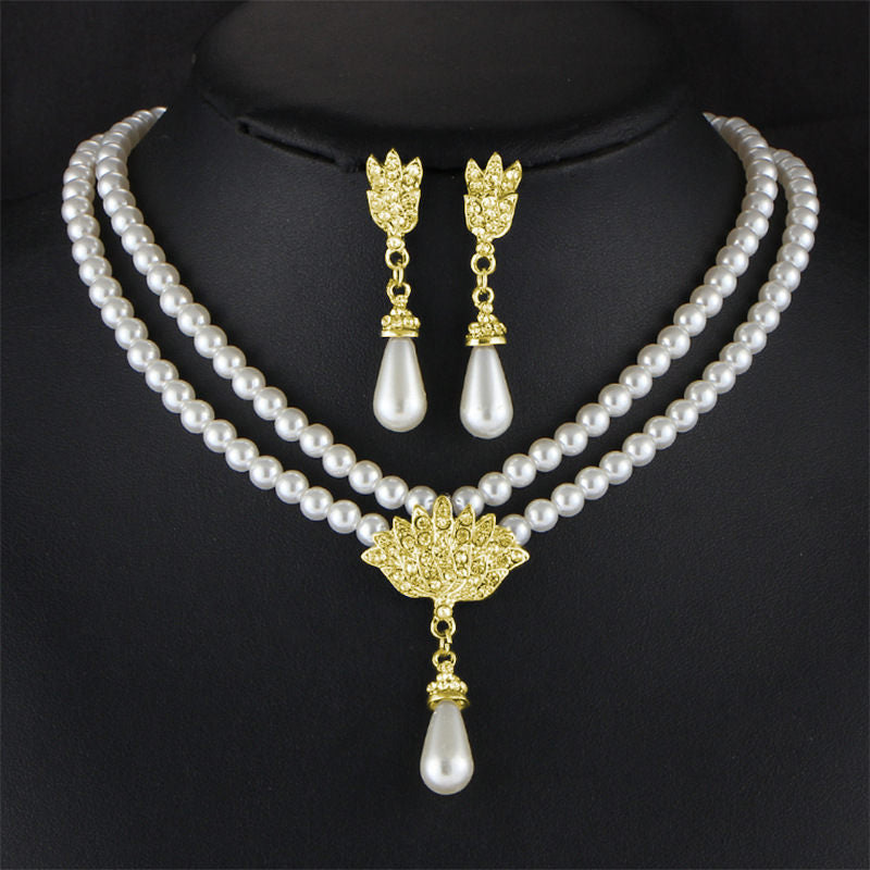 Jewelry Bridal Pearl Crystal Diamond Short Clavicle Neck Necklace Set