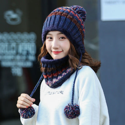 New Winter Hat Women&#039;s Scarf Suit Korean Version Warm Contrast Color Knitted Plus Velvet Thickened Wild Ball Cap