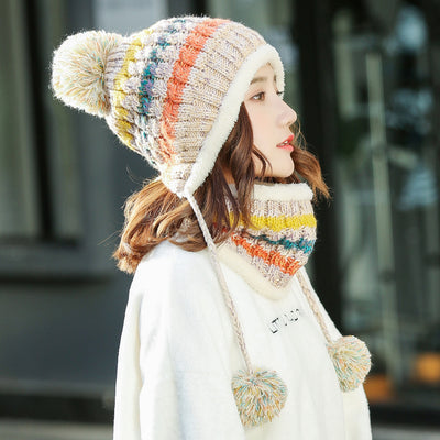 New Winter Hat Women&#039;s Scarf Suit Korean Version Warm Contrast Color Knitted Plus Velvet Thickened Wild Ball Cap