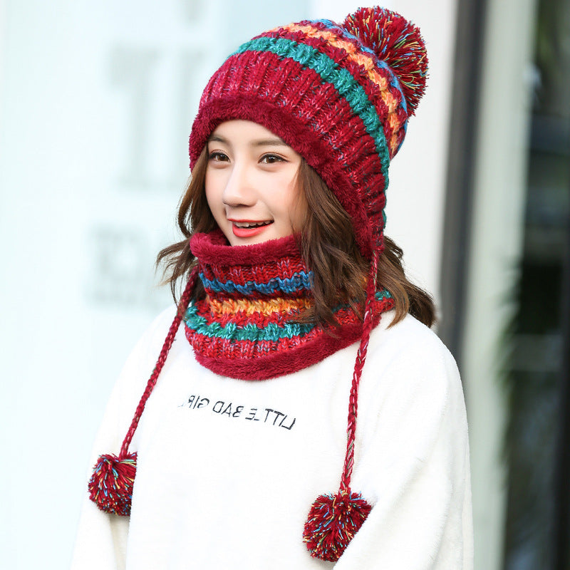 New Winter Hat Women&#039;s Scarf Suit Korean Version Warm Contrast Color Knitted Plus Velvet Thickened Wild Ball Cap