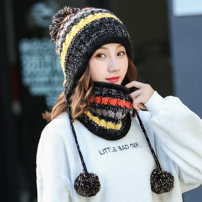 New Winter Hat Women&#039;s Scarf Suit Korean Version Warm Contrast Color Knitted Plus Velvet Thickened Wild Ball Cap