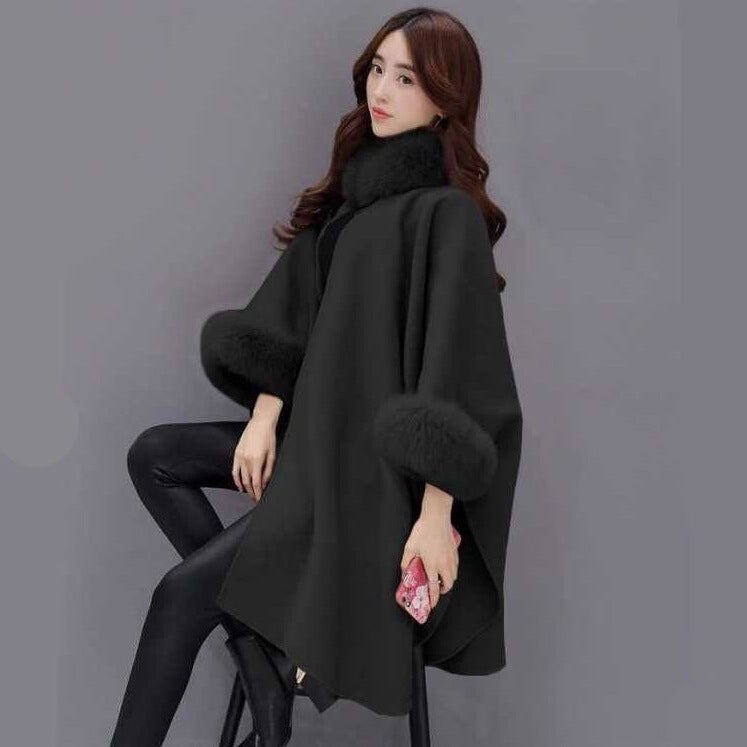 Winter New Korean Version Fox Fur Collar Mid-length Woolen Coat Temperament Cape Shawl Coat Women