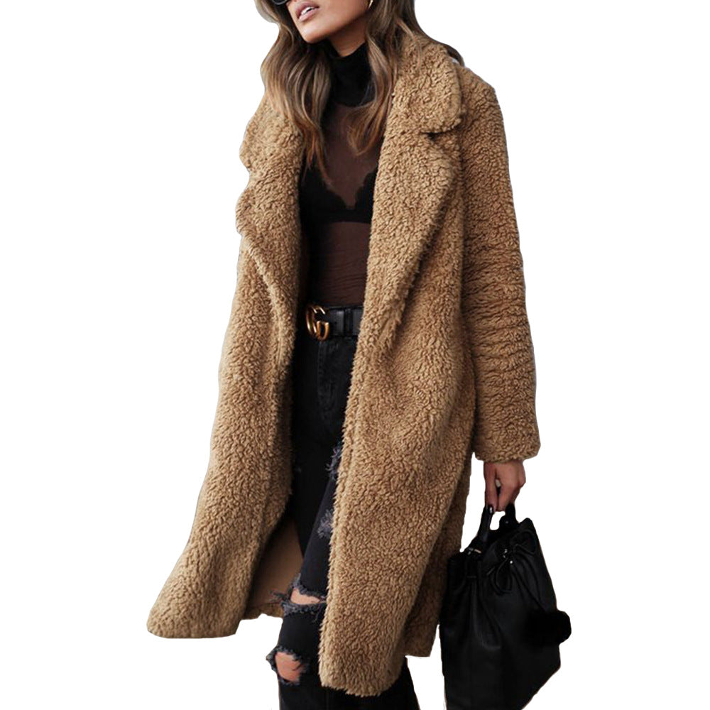 2024 Autumn And Winter Wish Hot Sale In Europe And The United States Cross-border Foreign Trade Popular Long-sleeved Lapel Women&#039;s Plush Top Long Coat