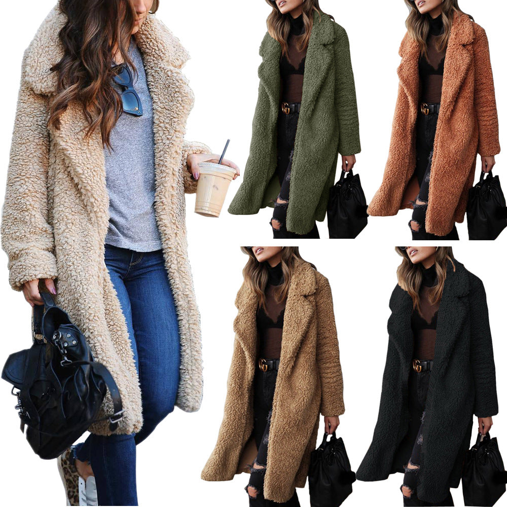 2024 Autumn And Winter Wish Hot Sale In Europe And The United States Cross-border Foreign Trade Popular Long-sleeved Lapel Women&#039;s Plush Top Long Coat