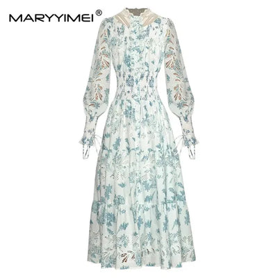 Spring Women&#039;s Dress Lantern Long Sleeve Single Breasted Elastic Waist Hollow Out Printing Dresses