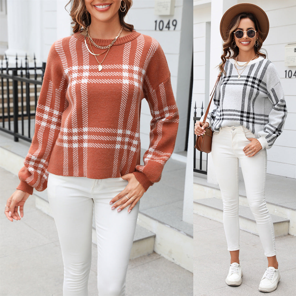 2023 Autumn And Winter New European And American Cross-border Women&#039;s Sweater Large Plaid Splicing Casual Fashion Pullover Round Neck Sweater