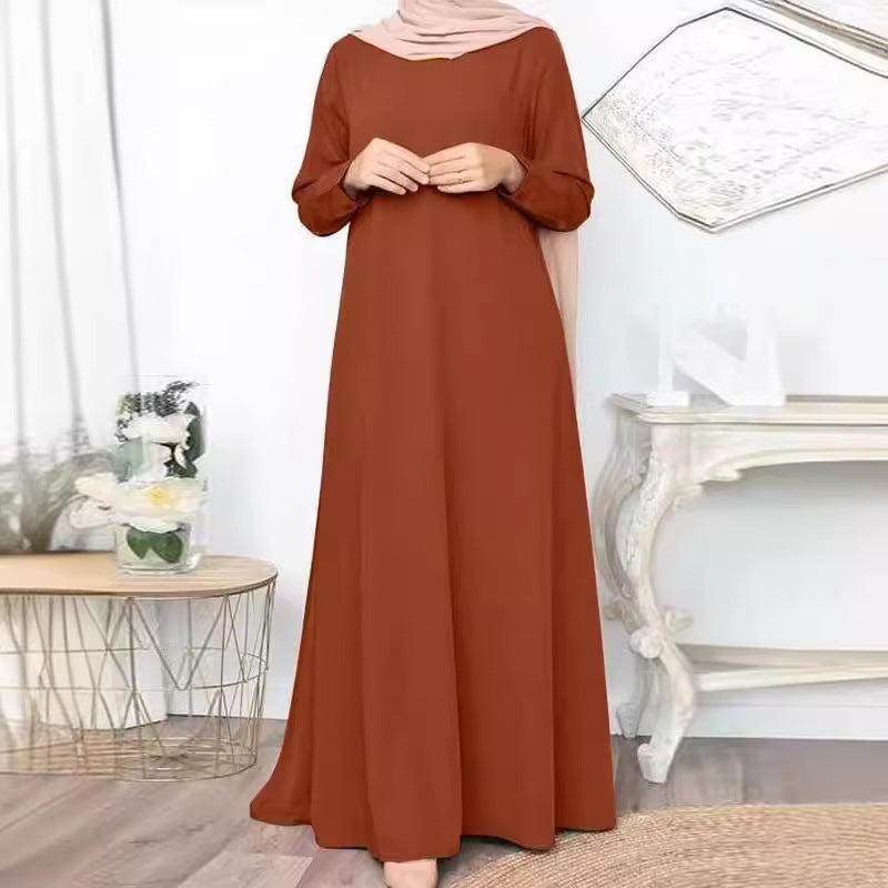 Middle Eastern Muslim Solid Color Loose Pullover Casual Elegant Long-sleeved Long Dress