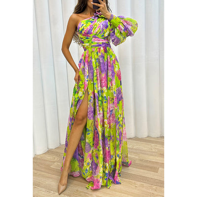 Autumn And Winter Party New Casual Split Dress INS Loose Multi-color Oblique Shoulder Dress