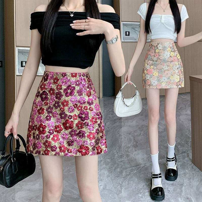 Hot Girl Style Flower Heavy Industry Sequin Half Skirt Women&#039;s Summer 2024 New Fashion High Waist A-Line Hip Skirt