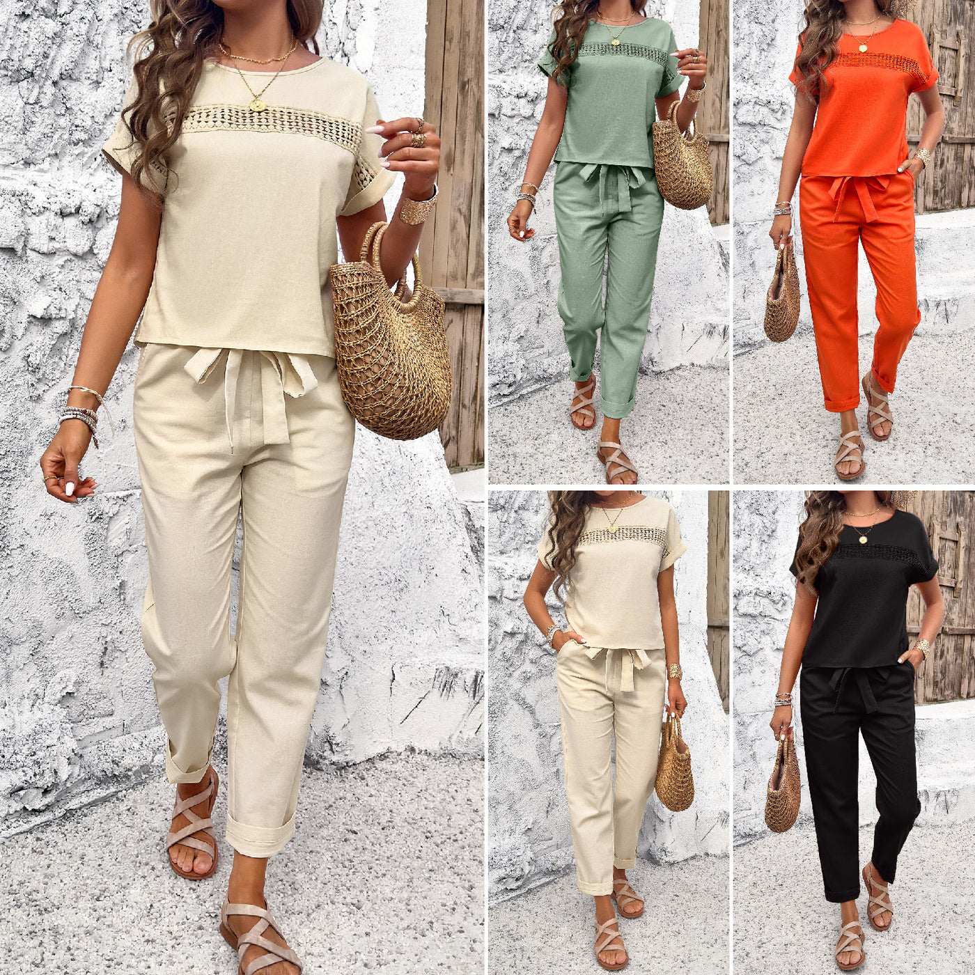 Diyun European And American Women&#039;s Clothing Amazon Shein Foreign Trade 2024 Spring And Summer Temperament Casual Short-sleeved Tops And Trousers Suit