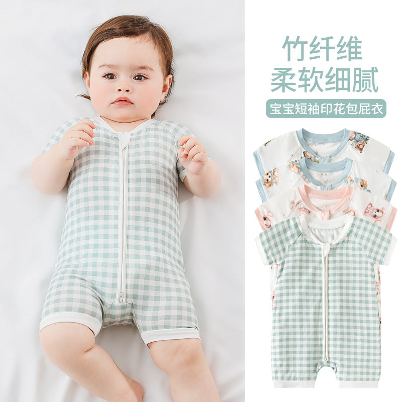 Bamboo Fiber Baby Jumpsuit Short-sleeved Summer Thin Khak Climbing Clothes Baby Summer Clothes Newborn Clothes