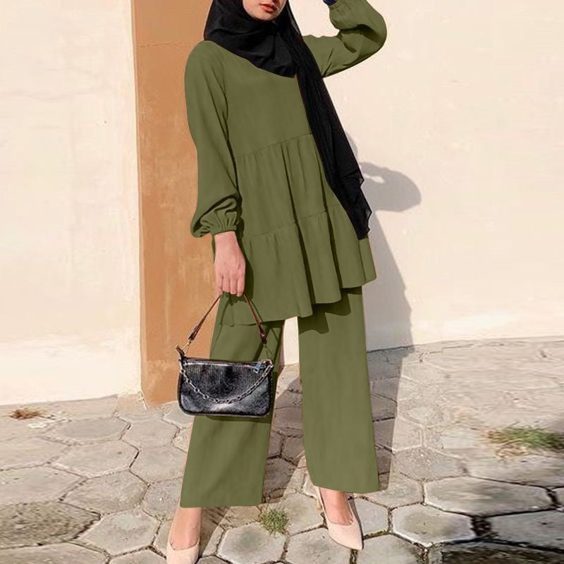 Women&#039;s Fashion Muslim Cap Suit Wide Leg Shirt And Pants Suit Elegant Solid Color OL Suit Autumn