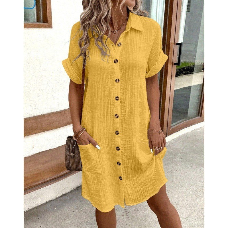 Summer Simple V-neck Button Cotton Linen Dress Women&#039;s Shirt Dress