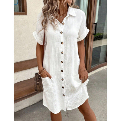 Summer Simple V-neck Button Cotton Linen Dress Women&#039;s Shirt Dress