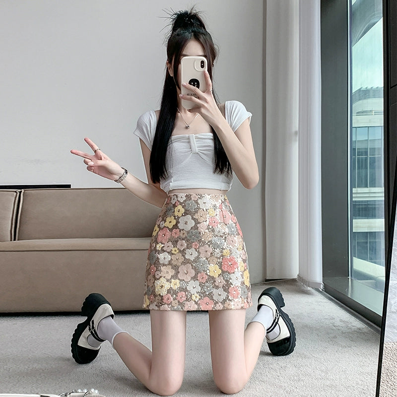 Hot Girl Style Flower Heavy Industry Sequin Half Skirt Women&#039;s Summer 2024 New Fashion High Waist A-Line Hip Skirt