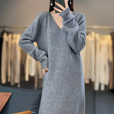 Autumn And Winter New Mid-length Dress V-neck Laid-back Style 100 Pure Wool Knitted Long Dress All-match Loose Sweater Dress