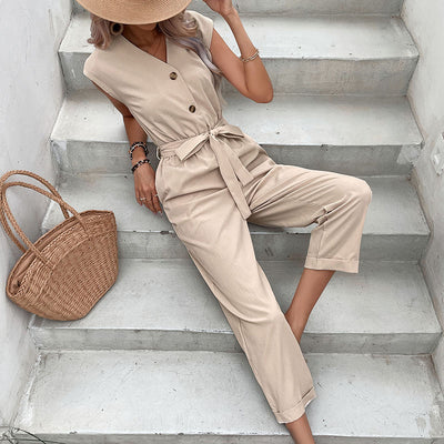 New Summer Sleeveless V-neck Women&#039;s Pants Nine Points Waist Jumpsuit