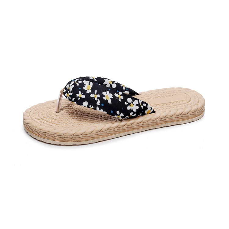 Factory Wholesale Summer New Imitation Straw Women&#039;s Casual Flip-flops Flowers Korean Tide Beach Sandals