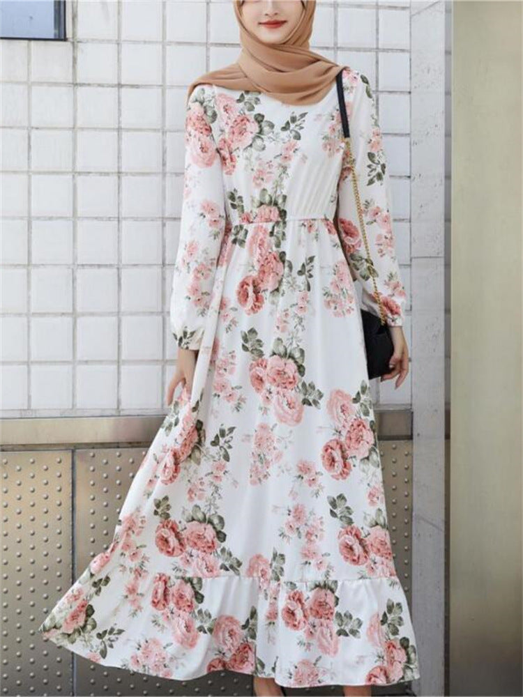 2022 Hot Sale European Beauty Dress Muslim Waist Thin Floral A-line Skirt