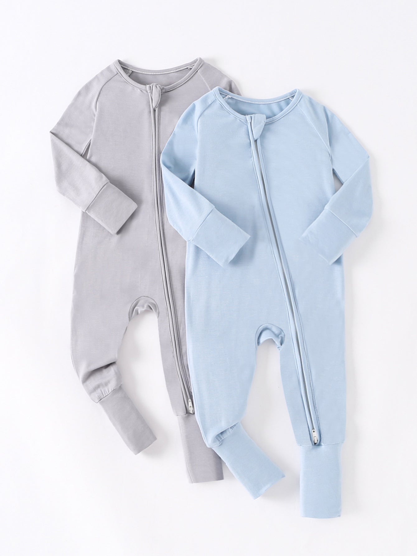 2-piece New Bamboo Fiber Cool Baby Long Sleeve Double Zipper Ha Clothes Silver Gray Light Blue Combination