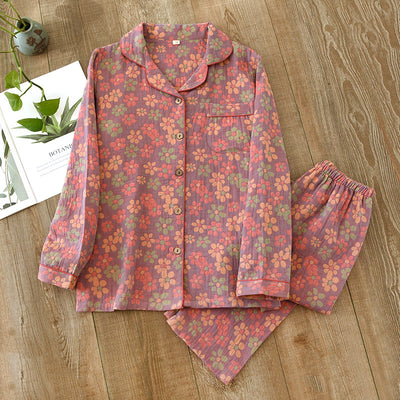 Ethnic Style Floral Spring And Autumn Women&#039;s Pajamas Long-sleeved Pure Cotton Double-layer Gauze Mother&#039;s Middle-aged And Elderly Home Wear Set