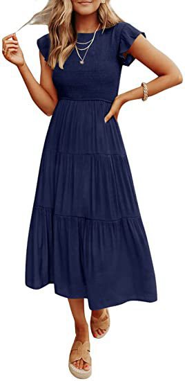 Cross-border Women&#039;s Amazon Hot Product Feifei Sleeves Pleated Layered Short-sleeved Large Swing Dress