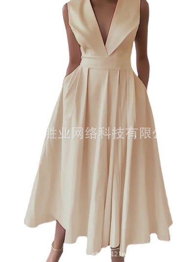 2023 New Cross-border Foreign Trade European And American Women&#039;s Summer Sleeveless Waist Slip Pocket Large Swing Mid-length Solid Color Dress