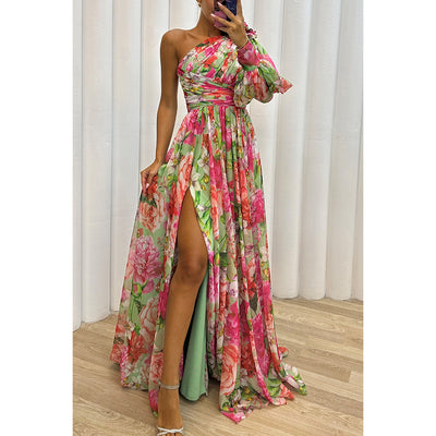 Autumn And Winter Party New Casual Split Dress INS Loose Multi-color Oblique Shoulder Dress