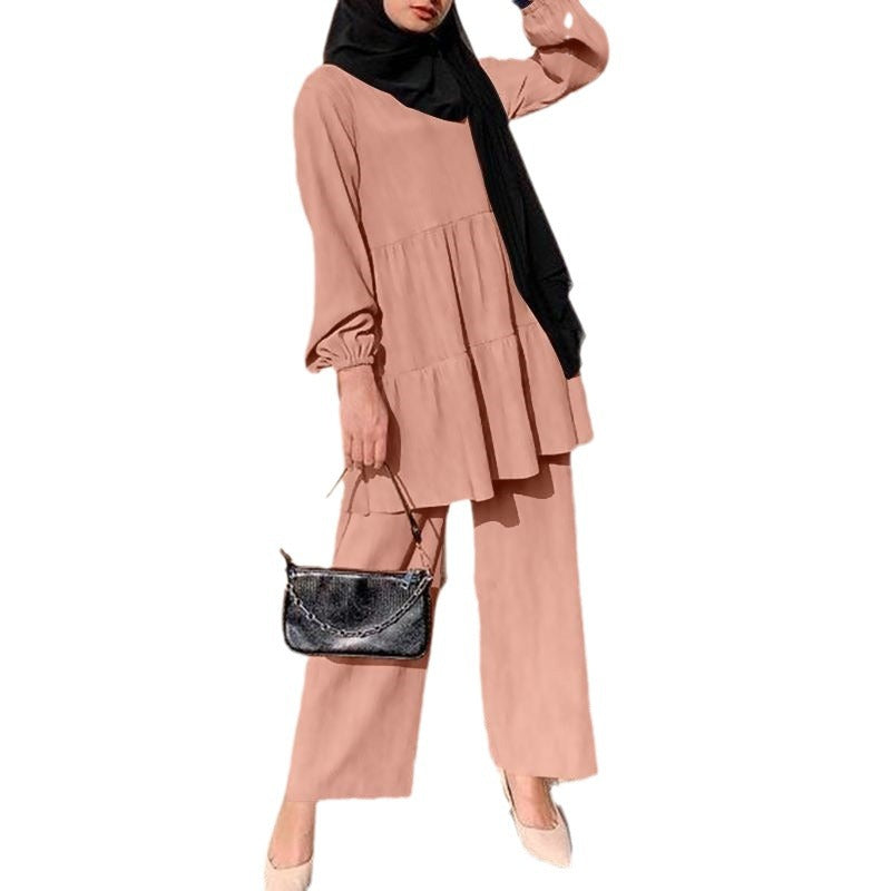 Women&#039;s Fashion Muslim Cap Suit Wide Leg Shirt And Pants Suit Elegant Solid Color OL Suit Autumn