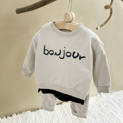 Two-piece Men&#039;s And Children&#039;s Korean-style Letter Printing Fake Two-piece Long-sleeved Round Neck Top Plus Sports Trousers Baby Suit