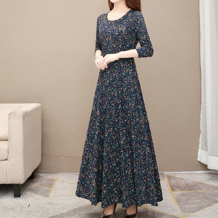 Spring Season Plus Size 200catty Long-sleeved Dress For Middle-aged And Elderly Mothers, Slimming Mid-length Floral Large Skirt